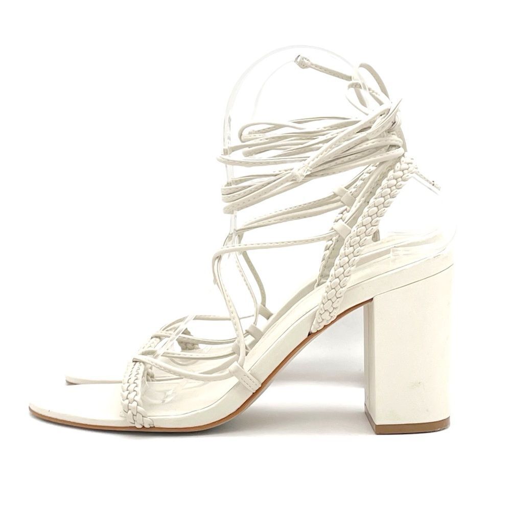 Schutz Maxima Block Heel Lace Up Sandals Pearl White Leather Sz 8 Braided Straps